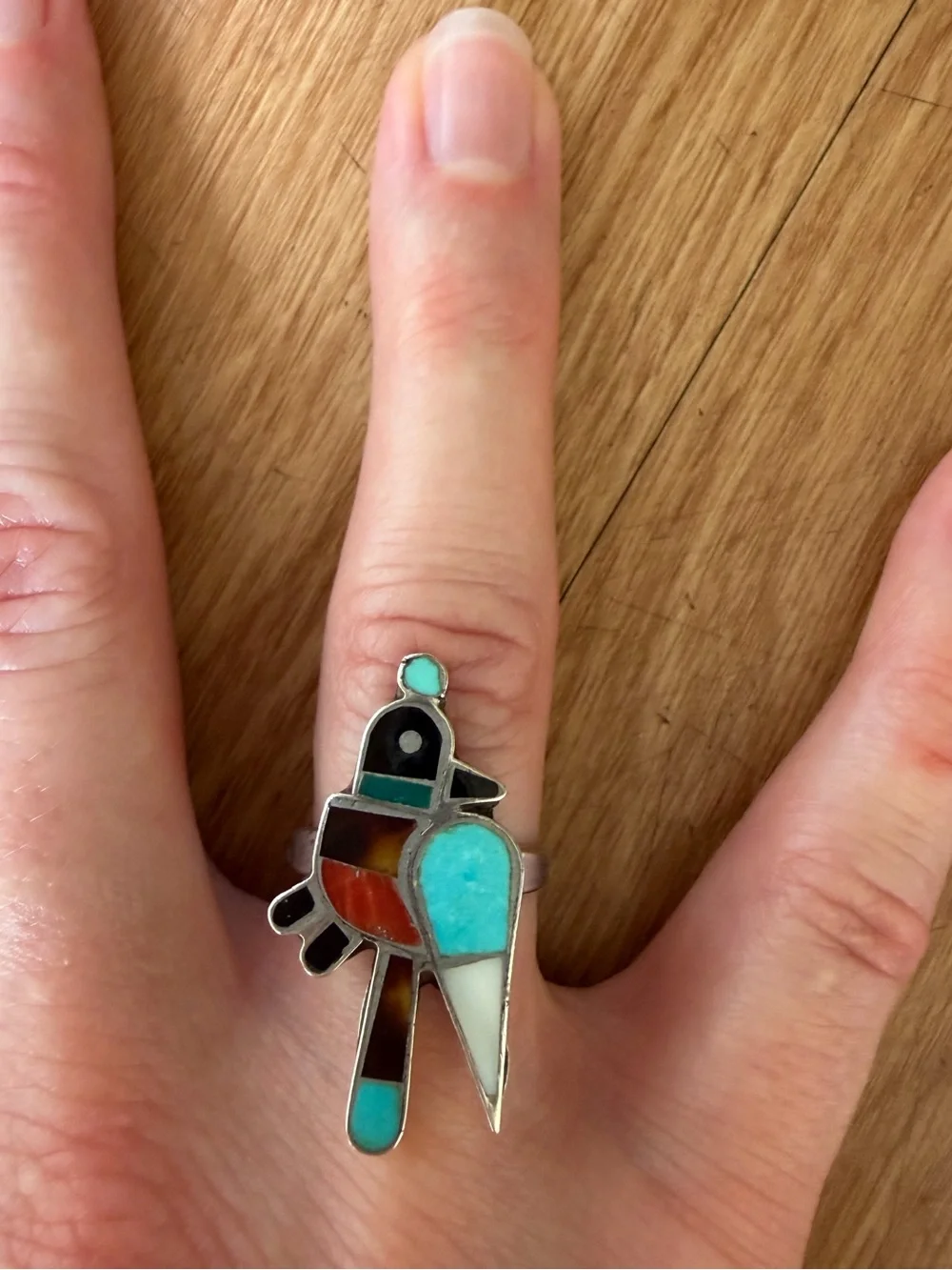 Vintage Native American Zuni Sterling Silver Turquoise Inlay Bird Ring Size 6